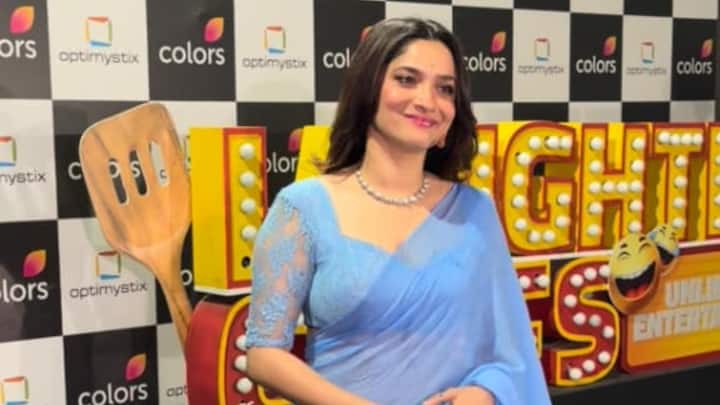 Ankita Lokhande poses in a gorgeous sky blue net saree with delicate lace detailing.