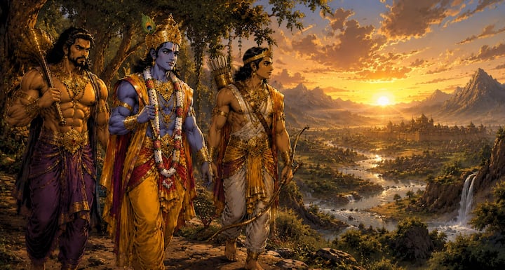 Sri Krishna, Bhima and Arjun head towards Magadha to confront Jarasandha. On the way they cross many rivers, mountains and forests. This journey is not only a symbol of war but also of courage, patience and determination to protect religion.