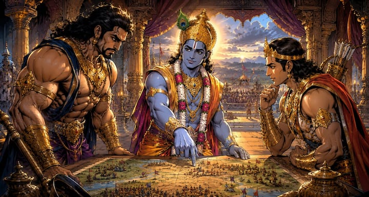 Shri Krishna tells that war cannot be won by relying only on force. Wisdom, patience and decision taken at the right time are the biggest weapons. The person who understands the circumstances and makes a strategy ultimately achieves success. This is the basis of true victory.