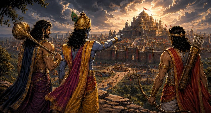 After reaching Magadha, Shri Krishna plans to face Jarasandha. He says that in difficult situations, only the balance of patience, intelligence and courage leads to success. A true warrior is one who does not deviate from his goal even in crisis.