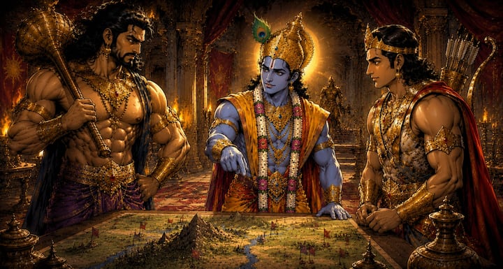 Bhima expresses confidence in his strength, but Shri Krishna reminds him that victory requires not only strength but also correct planning. Arjun also accompanies in this campaign. All three move forward together with the aim of protecting religion.