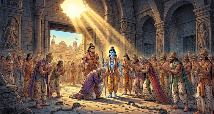 जरासंध के वध के बाद उसके कारागार में बंद अनेक राजाओं को मुक्त कराया गया. सभी ने श्रीकृष्ण और भीम का आभार व्यक्त किया. मगध में शांति स्थापित हुई और धर्म की रक्षा का उद्देश्य सफल हुआ. यह विजय केवल एक राजा की नहीं, बल्कि न्याय की जीत थी.