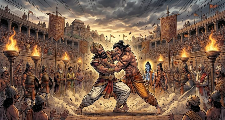 भीम और जरासंध ने पूरे बल के साथ एक-दूसरे पर प्रहार किए. कभी पकड़, कभी दांव और कभी जोरदार टक्कर से रणभूमि गूंज उठी. दोनों योद्धा किसी भी कीमत पर हार मानने को तैयार नहीं थे. उनका युद्ध सभी दर्शकों को आश्चर्यचकित कर रहा था.