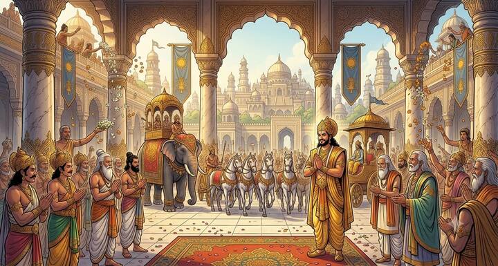 Yudhishthir respectfully welcomed all the kings, sages and Brahmins who had come from far and wide. This teaches us that respect for guests is not just a tradition but an important ritual of Indian culture. Respect and sweet behavior strengthen relationships.