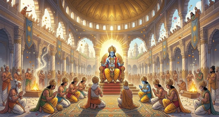 In the meeting, Shri Krishna was considered worthy of worship because he was a symbol of religion, knowledge and public welfare. This teaches us that respect should always be based on merit, character and deeds, and not just because of position, power or wealth.