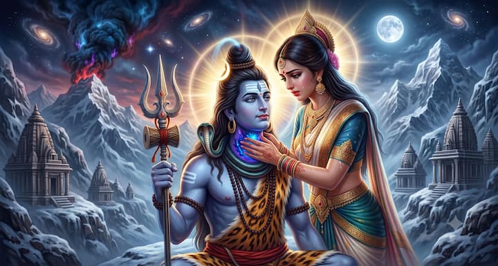 जब हलाहल विष शिव जी के शरीर में उतरने लगा, तब माता पार्वती चिंतित हो उठीं. उन्होंने तुरंत अपने हाथों से महादेव का कंठ थाम लिया, ताकि विष पेट तक न पहुंचे. उनकी दिव्य शक्ति से विष गले में ही रुक गया. यह क्षण माता पार्वती के प्रेम, साहस और संरक्षण का अद्भुत प्रतीक बन गया.