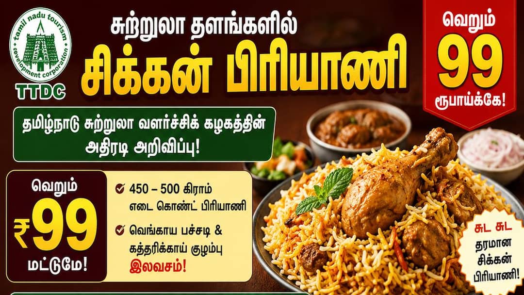 விலைவாசி உயர்வுக்கு மத்தியில் TTDC அதிரடி: 99 ரூபாய்க்கு சுடச்சுட சிக்கன் பிரியாணி!