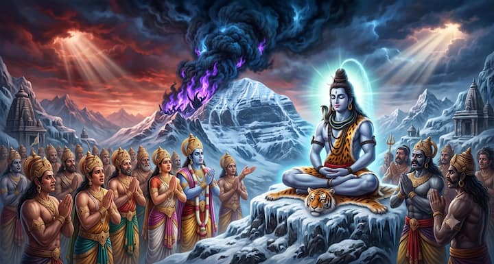 हलाहल विष की भयानक तपिश से देवता और असुर घबरा उठे. कोई भी उस विष को रोकने में सक्षम नहीं था. सभी कैलाश पहुंचे, जहां भगवान शिव गहरी समाधि में लीन थे. हाथ जोड़कर उन्होंने विनती की,