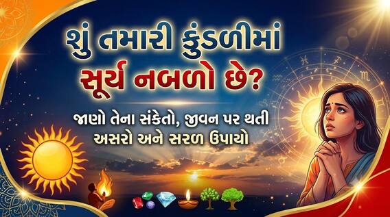 શું તમારી કુંડળીમાં સૂર્ય નબળો છે? જાણો તેના સંકેતો, જીવન પર થતી અસરો અને સરળ ઉપાયો શું તમારી કુંડળીમાં સૂર્ય નબળો છે? જાણો તેના સંકેતો, જીવન પર થતી અસરો અને સરળ ઉપાયો