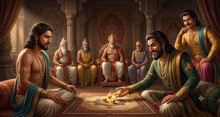In the meeting of Hastinapur, Shakuni, through his cunning, instigated Yudhishthir to play gambling again and again. Dharamraj knew that gambling was not appropriate, yet he accepted the game due to royal religion and the decorum of the assembly. From here began the most tragic chapter of Mahabharata, which changed the future of the entire Kuru dynasty.