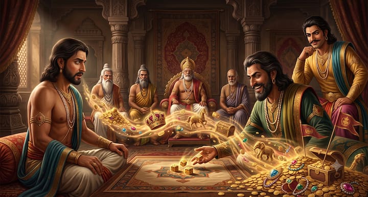 Yudhishthir lost his gold, gems, elephants, horses, chariots, army and entire kingdom one by one before Shakuni's deceitful dice. Every time he hoped that he would win the next game, but truth and simplicity kept on losing in front of deceit. The meeting remained silent and lawlessness increased.