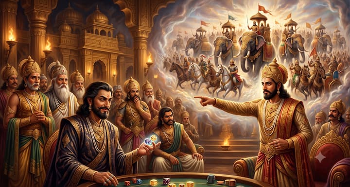 As soon as the game started, Yudhishthir started putting his huge army, elephants, horses and many means of war at stake. Shakuni kept winning every time with his deceitful dice. Yudhishthir was confident that the next bet would be his, but every bet went out of his hands.