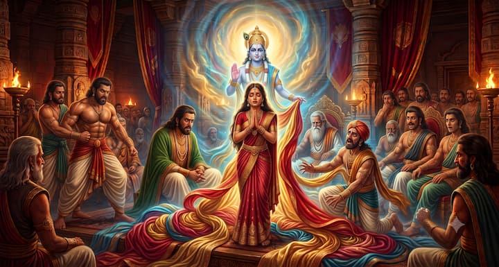 जब दुःशासन ने द्रौपदी का चीरहरण करने का प्रयास किया, तब द्रौपदी ने पूरी श्रद्धा से श्रीकृष्ण का स्मरण किया. भगवान की कृपा से उनका चीर अनंत होता गया और दुःशासन थककर चूर हो गया. अंततः द्रौपदी की लाज बच गई और अधर्म पर ईश्वर की शक्ति प्रकट हुई.