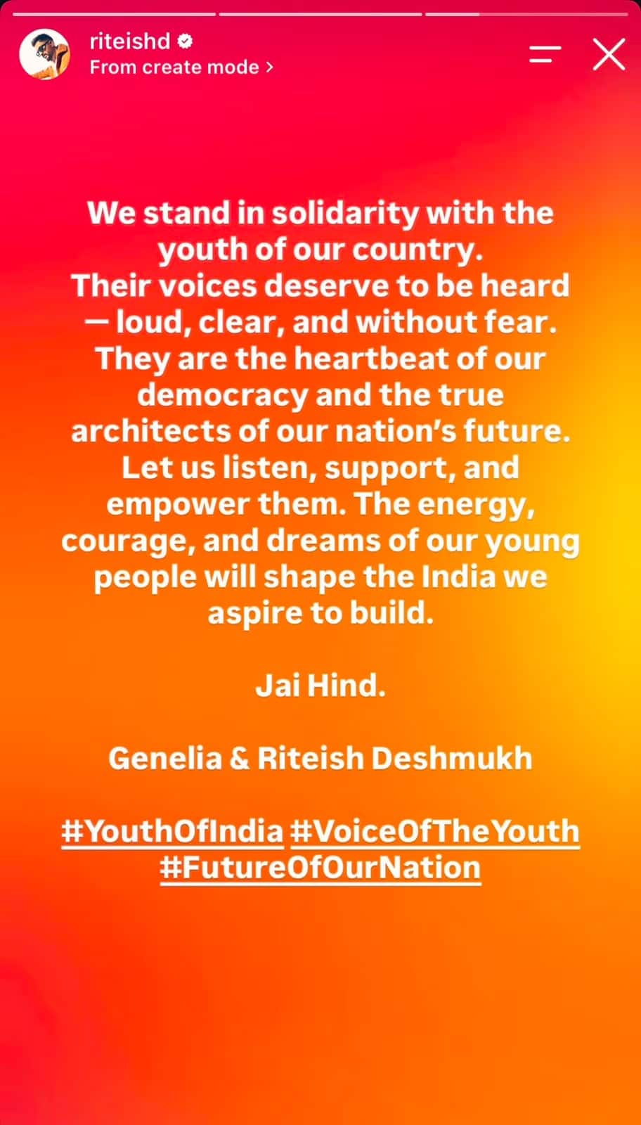 Riteish Deshmukh, Genelia Deshmukh Supports CJP Student Protest: महाराष्ट्राचे दादा-वहिनी तरुणांसाठी मैदानात, रितेश-जेनेलियाचा आंदोलक विद्यार्थ्यांना उघड पाठिंबा, म्हणाले, 'चला आपण...