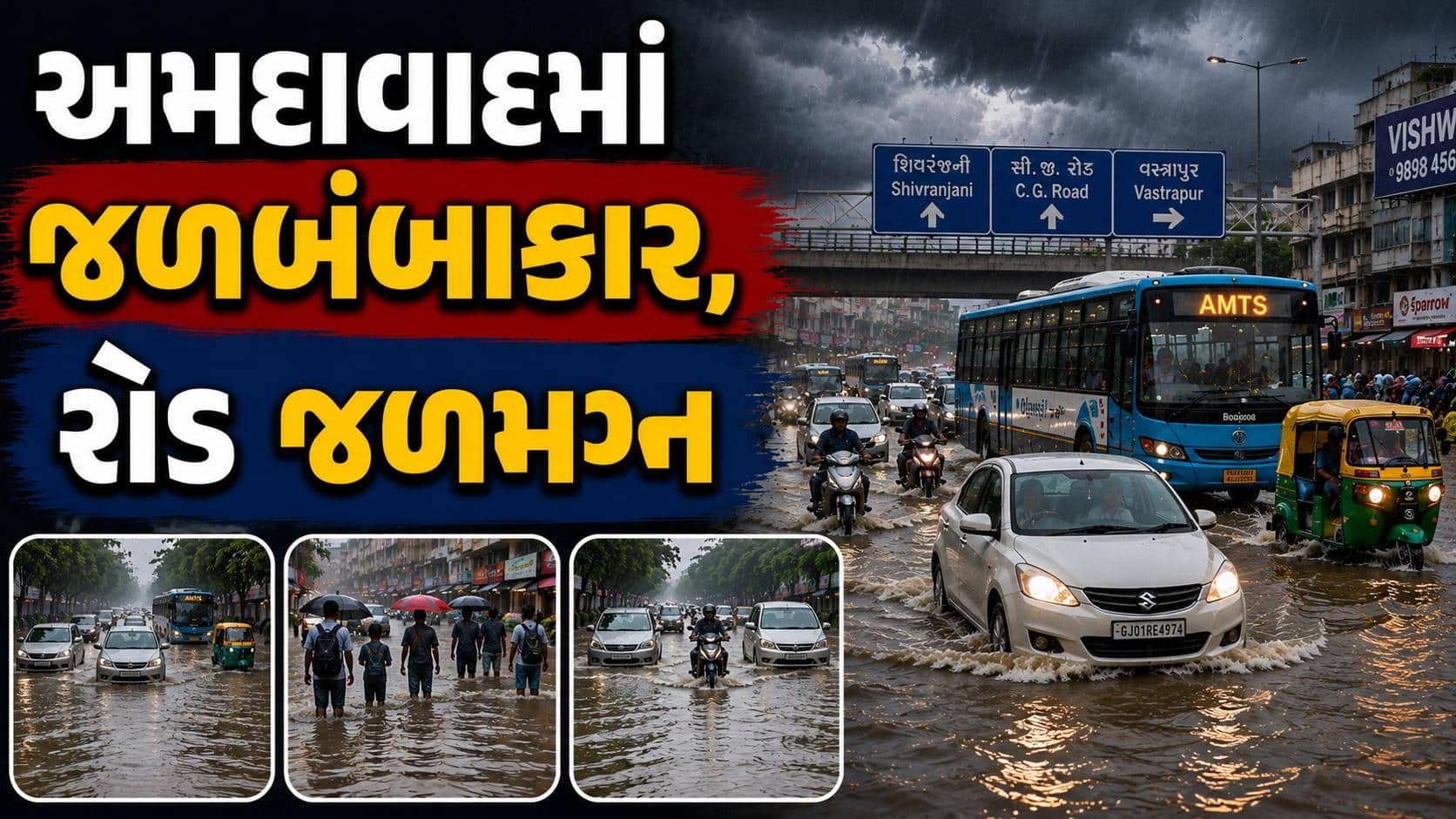 અમદાવાદમાં ધોધમાર વરસાદના લીધે વાહનો ડૂબ્યાં