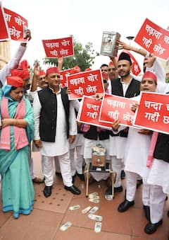 चढ़ावा चोर...गद्दी छोड़, संसद परिसर में सपा सांसदों का प्रदर्शन