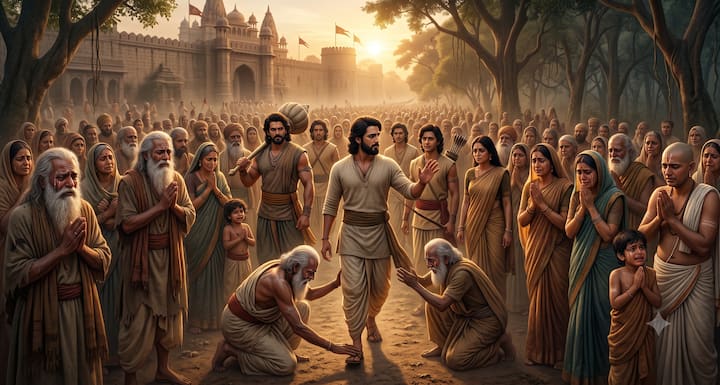 पांडवों को जाते देखकर हस्तिनापुर की प्रजा रो पड़ी. लोग उन्हें छोड़ना नहीं चाहते थे और उनके साथ वन तक चलने लगे. युधिष्ठिर ने सभी को समझाया कि अपने परिवार और कर्तव्यों का पालन करना भी उतना ही आवश्यक है.