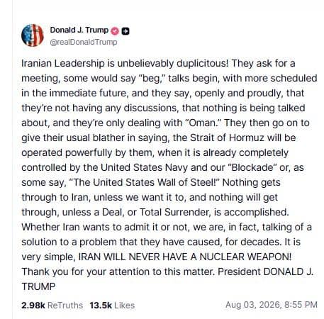No Deal Without Total Surrender': Trump Claims Iranian Leadership 'Begged' For Talks