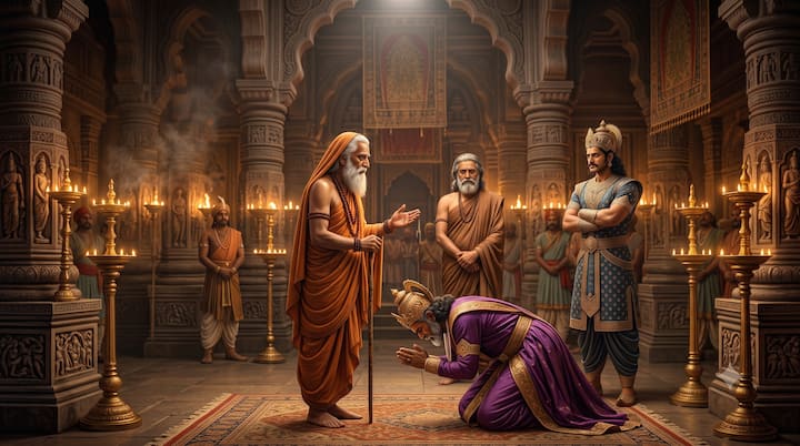 दुर्योधन के अनुचित व्यवहार से धृतराष्ट्र चिंतित हो उठते हैं. वे समझ जाते हैं कि पुत्र का अभिमान पूरे कुरुवंश के लिए भारी पड़ सकता है. वे महर्षि से क्षमा की प्रार्थना करते हैं, क्योंकि उन्हें भविष्य में आने वाले विनाश की आहट सुनाई देने लगती है.