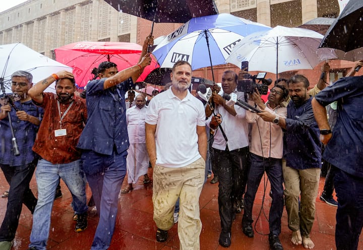 संसद से निकलते राहुल गांधी और मीडिया कर्मी उनसे बातचीत करने की कोशिश करते हुए.