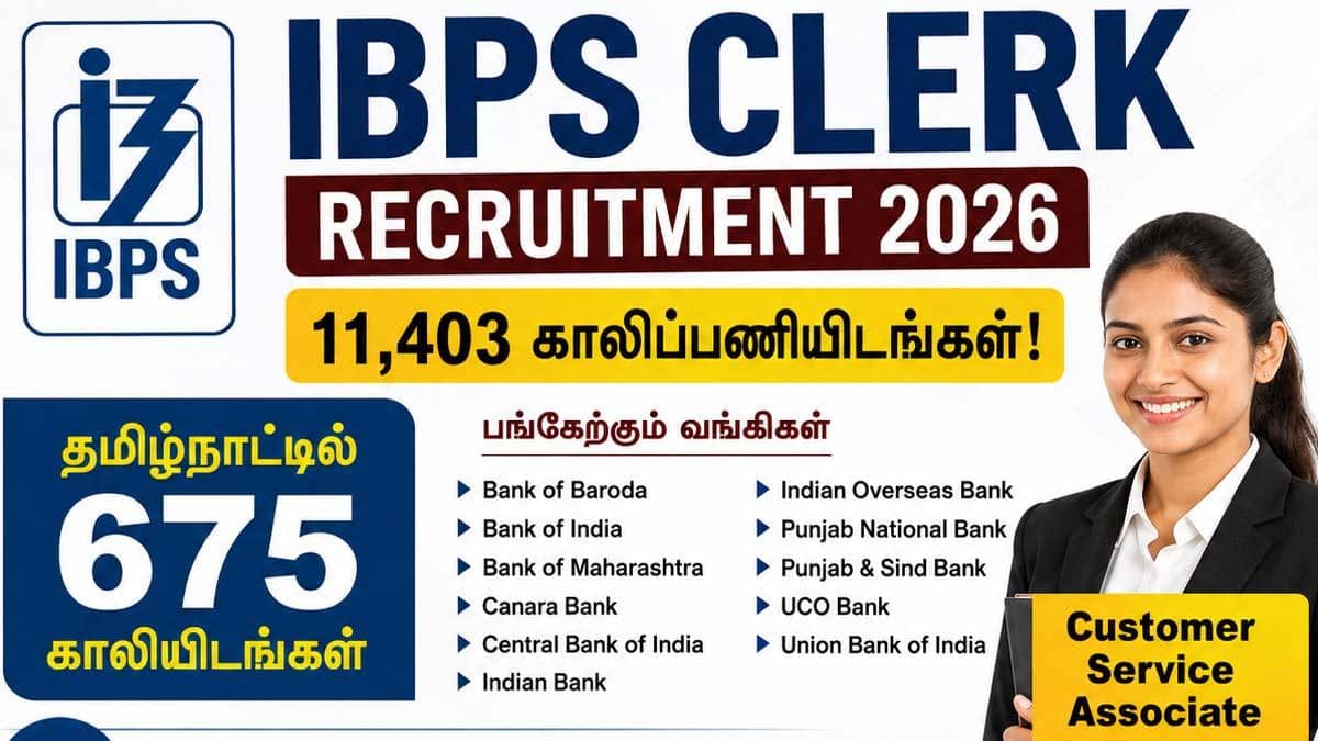 IBPS வங்கி கிளார்க்: 11,403 காலிப்பணியிடங்கள்! விண்ணப்பிக்க ஆகஸ்ட் 21 கடைசி நாள்!