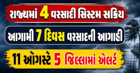 રાજ્યમાં 4 વરસાદી સિસ્ટમ સક્રિય: આગામી 7 દિવસ વરસાદની આગાહી, 11 ઓગસ્ટે 5 જિલ્લામાં એલર્ટ
