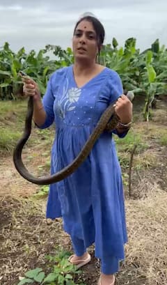 राष्ट्रवादीच्या महिला नेत्याचा वेगळाच अंदाज; शेतात 'धामण' साप पकडल्यानंतर रोहिणी खडसेंचं आवाहन