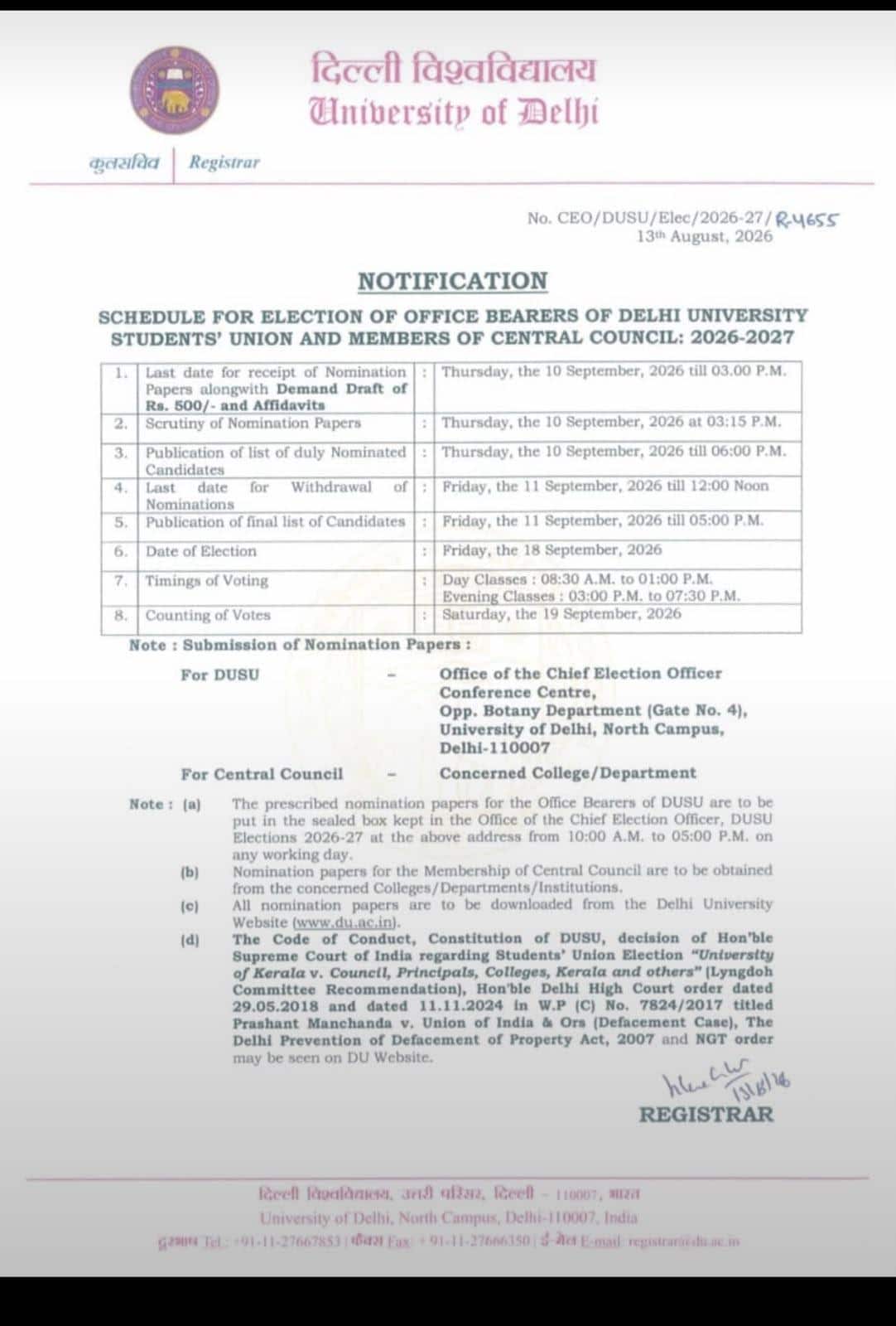 DUSU Election 2026 Date Announced: Delhi University Students To Vote On September 18, Check Full Schedule