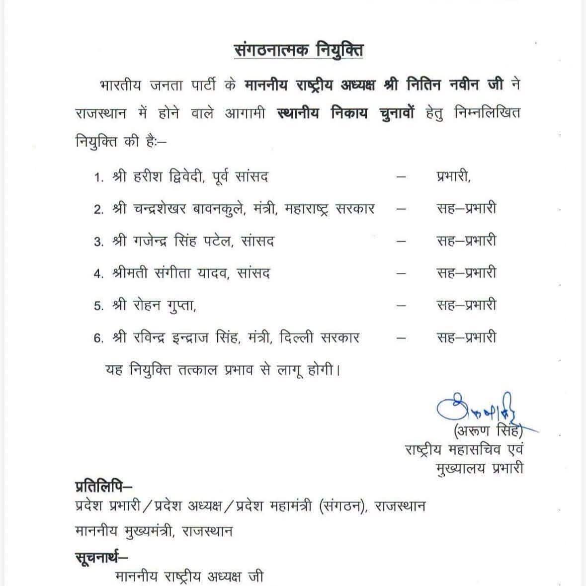 राजस्थान निकाय चुनाव: BJP ने बनाई टीम, हरीश द्विवेदी प्रभारी