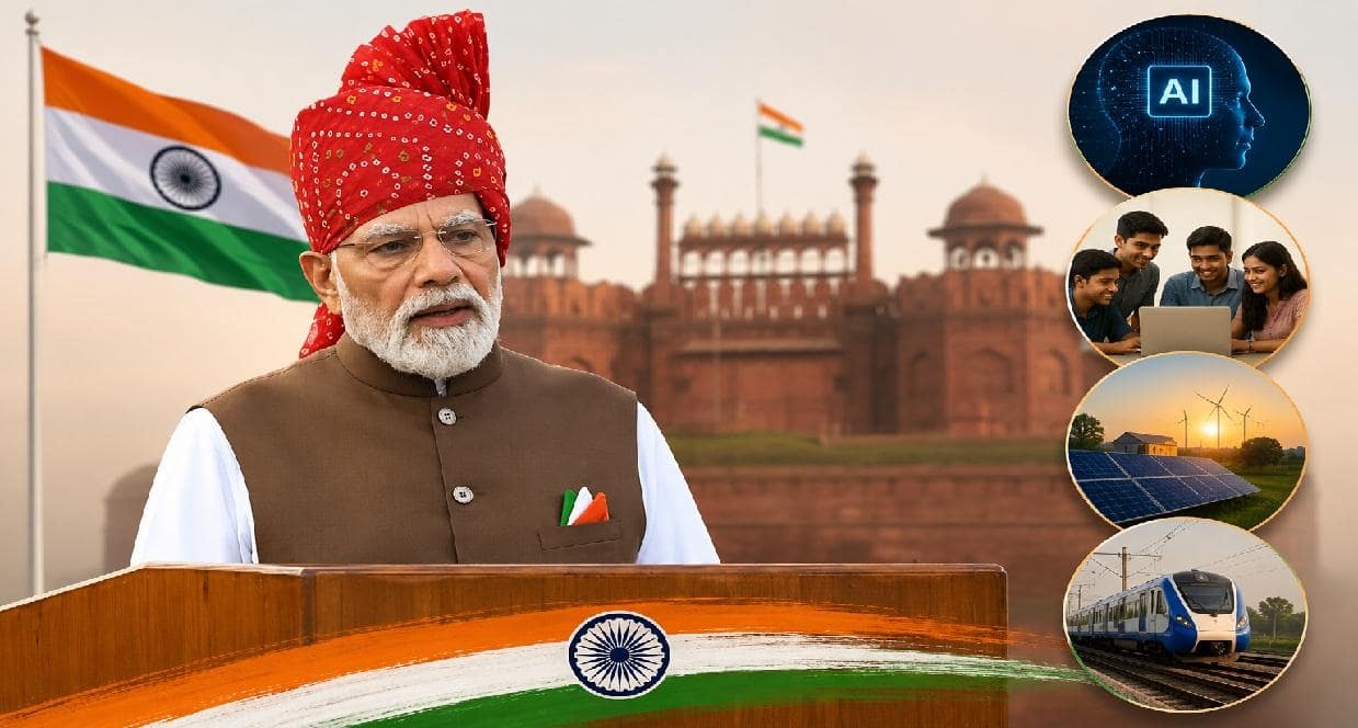 PM મોદીના 77 મિનિટના સંબોધનમાં આત્મનિર્ભર ભારત અને વિકસિત દેશના સંકલ્પો