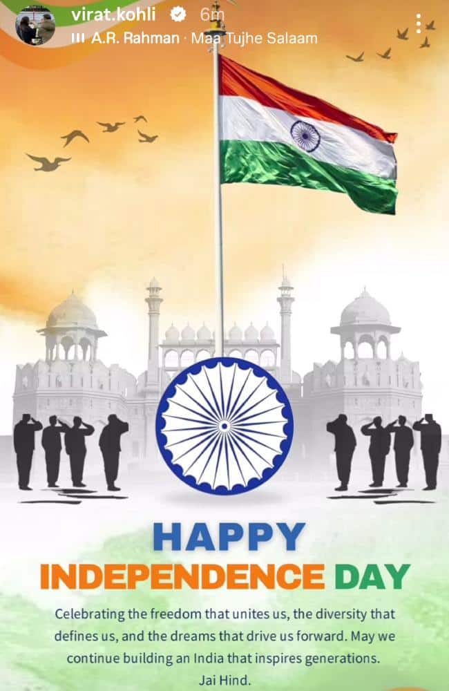 'आइए ऐसे भारत का निर्माण करते हैं जो...' कोहली-रोहित ने यूं दी स्वतंत्रता दिवस की बधाई 3 आइए ऐसे भारत का निर्माण करते हैं जो...' कोहली-रोहित ने यूं दी स्वतंत्रता दिवस की बधाई