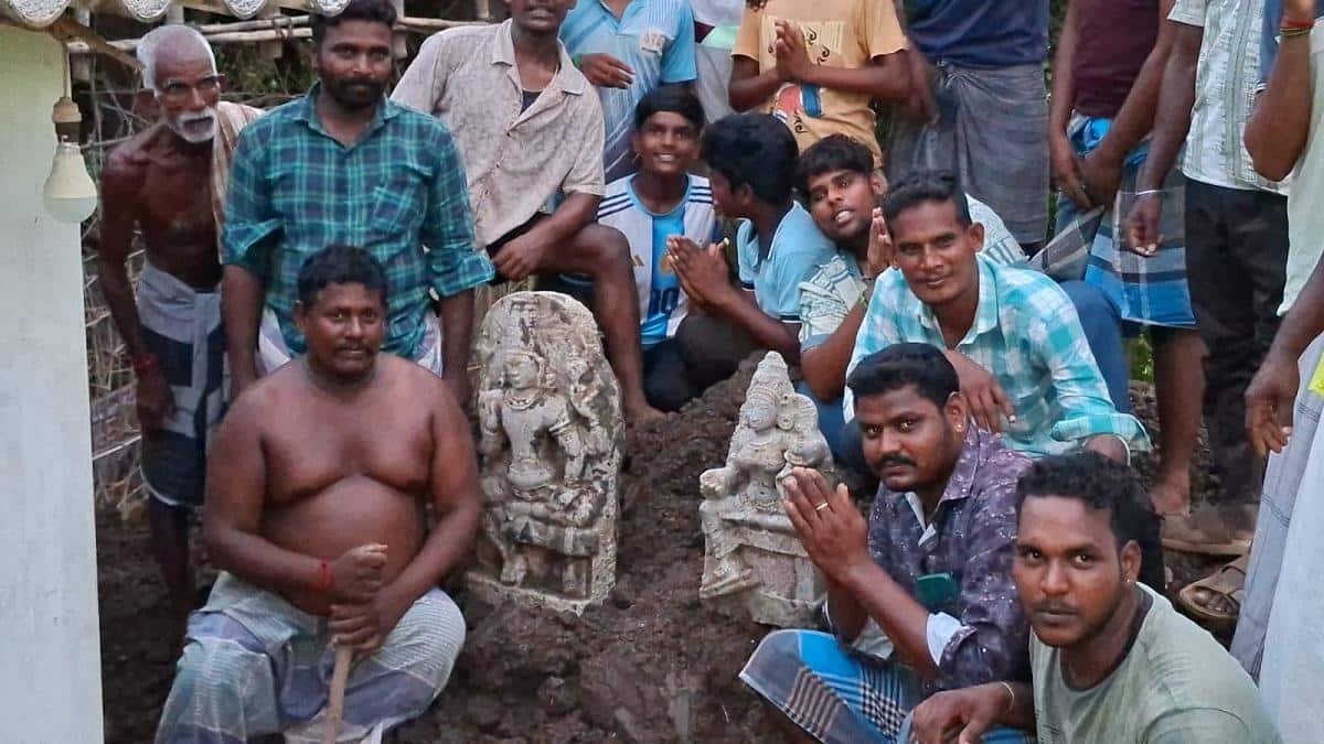 திருவையாறு அருகே குளம் அமைக்க பள்ளம் தோண்டியபோது அதிர்ச்சி: 2 கற்சிலைகள் கண்டெடுப்பு