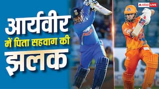 Aaryavir played back foot punch same as father Virender Sehwag video DPL 2026 does sing song while batting answer