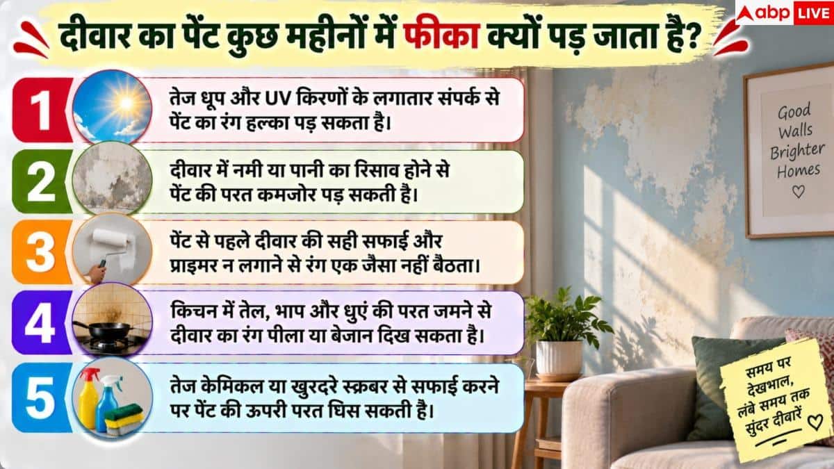 Wall Paint Fading: दीवार का रंग उड़ने लगा है? जान लें रंग फीका पड़ने की असली वजह 2 Wall Paint Fading: दीवार का रंग उड़ने लगा है? जान लें रंग फीका पड़ने की असली वजह