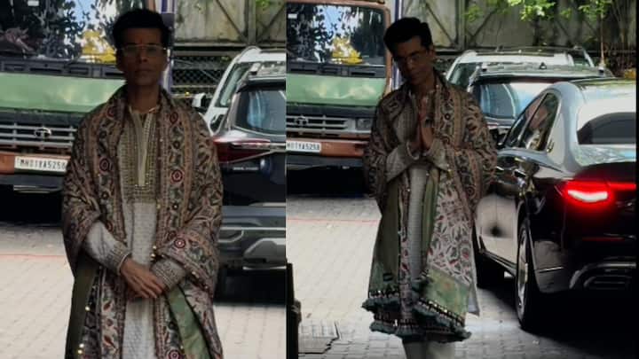 Karan Johar arrives to celebrate Ganesh Chaturthi. He is seen walking with folded hands in a traditional greeting pose.  He is wearing an exquisite ivory embroidered kurta paired with a heavily detailed, multi-colored Kashmiri-style embroidered shawl draped over his shoulders. He was spotted arriving at Sohail Khan's residence in Mumbai for the Ganpati celebrations.