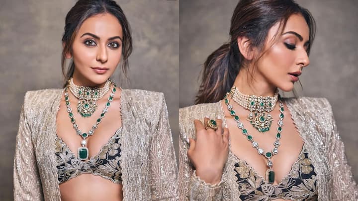 If you do not want to wear an entirely grey outfit, you can take inspiration from Rakul Preet Singh's look. She has paired a crop top and sharara with a long grey jacket. To accessorise the outfit, she has worn a choker along with a long necklace. Her smoky eye makeup complements the outfit beautifully.