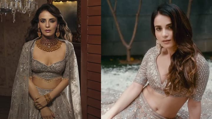 If you have to attend a Navratri function with friends and want to wear something modern, you can try Radhika Madan's look. She looks stunning in a heavily embellished crop top. The halter-neck top is paired with a matching flared skirt, while the dupatta also stands out with its unique design.