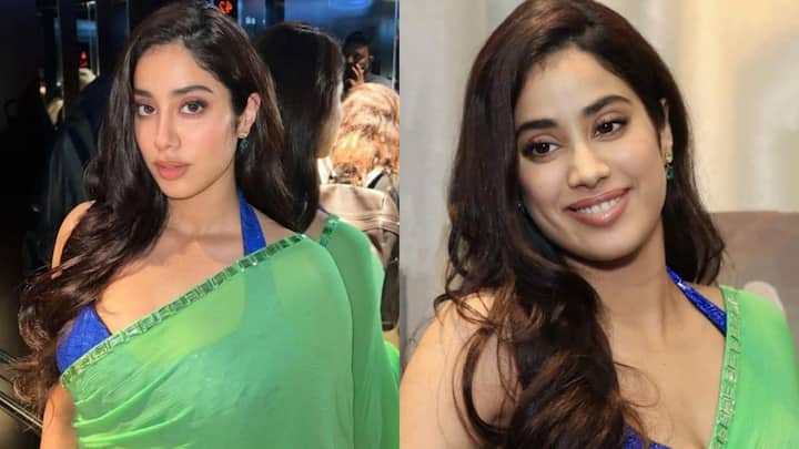 Janhvi Kapoor's green saree paired with a blue blouse is an option for those who appreciate simple and lightweight festive outfits. The saree features a slim border, proving that an understated design can also make a striking impression. The actress skips accessories, allowing the saree and her smile to remain the focus. You can take inspiration from this look if you want to keep your Navratri outfit simple without compromising on style.
