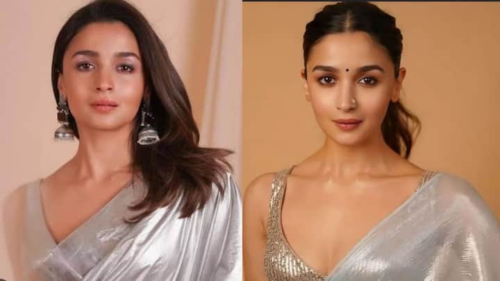 Alia Bhatt looks stunning in a plain grey silk saree. She has paired it with oxidised jhumkas and a matching ring. Her wavy hair and glossy lips enhance her beauty. Her graceful pose adds to the overall charm of the look. If you want to wear a plain grey saree this Navratri, recreating this look can be an easy option.