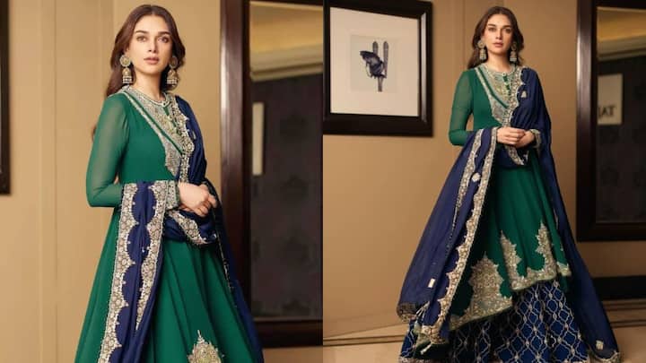Aditi Rao Hydari brings regal charm to Navratri Day 9 fashion, showcasing royal grace in a stunning peacock green Anarkali suit featuring intricate gold motif detailing, delicate sheer dupatta draping, traditional chandbalis, and a luminous, natural makeup finish.