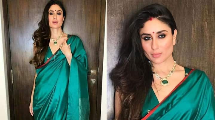 Kareena Kapoor Khan serves ultimate style inspiration for Navratri Day 9, exuding elegance in a minimalistic yet striking peacock green chiffon saree featuring subtle golden accents., styled with statement emerald-studded earrings, kohl-rimmed eyes, and sleek open tresses.