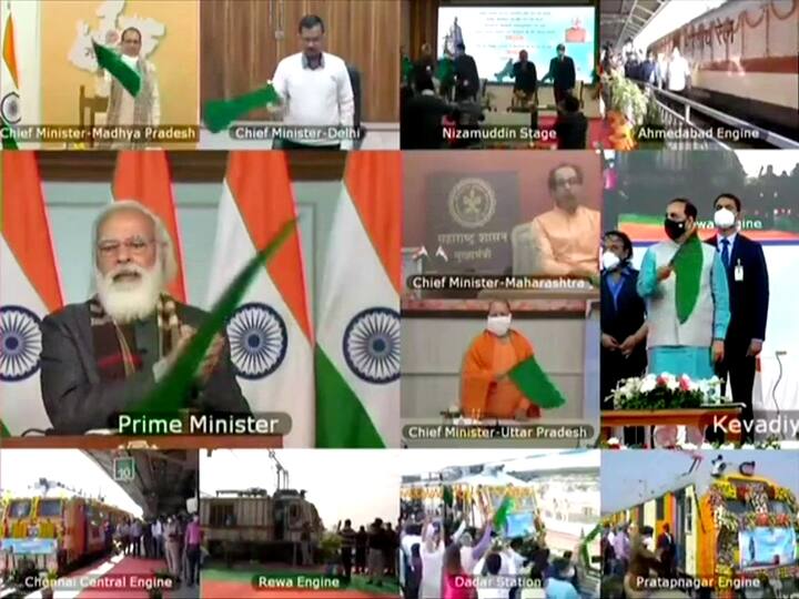 Prime Minister Narendra Modi flagged off eight trains connecting different regions of the country to Kevadiya in Gujarat via video conferencing on Sunday. The Chief Ministers Of Delhi, Gujarat, Maharashtra, Uttar Pradesh and Madhya Pradesh also participated in the inauguration. (Photo: ANI)