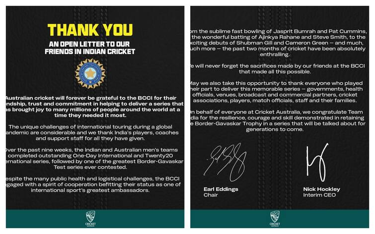 Cricket Australia's 'Heart-Warming' Letter To BCCI After A Gruelling Long Tour Cricket Australia's 'Heart-Warming' Letter To BCCI After A Gruelling Long Tour