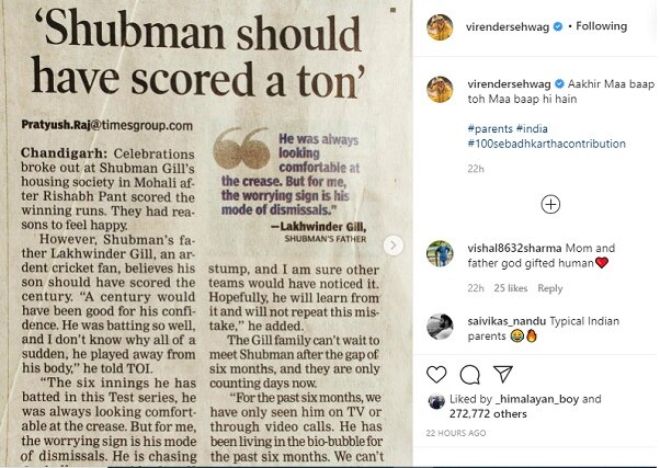 Aakhir Maa Baap...': Virender Sehwag Reacts To Shubman Gill's Father's Comment